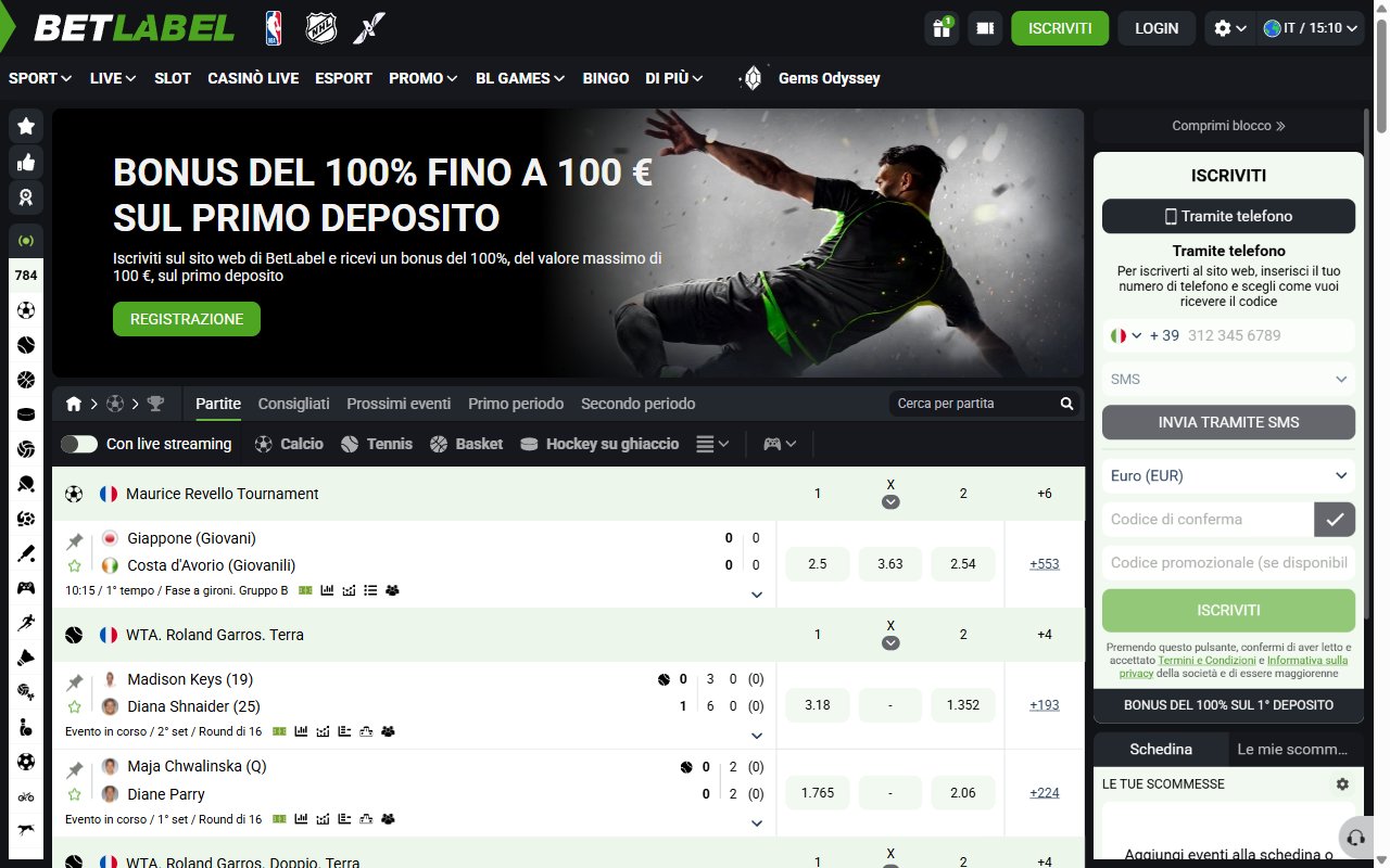 Screenshot del sito BetLabel