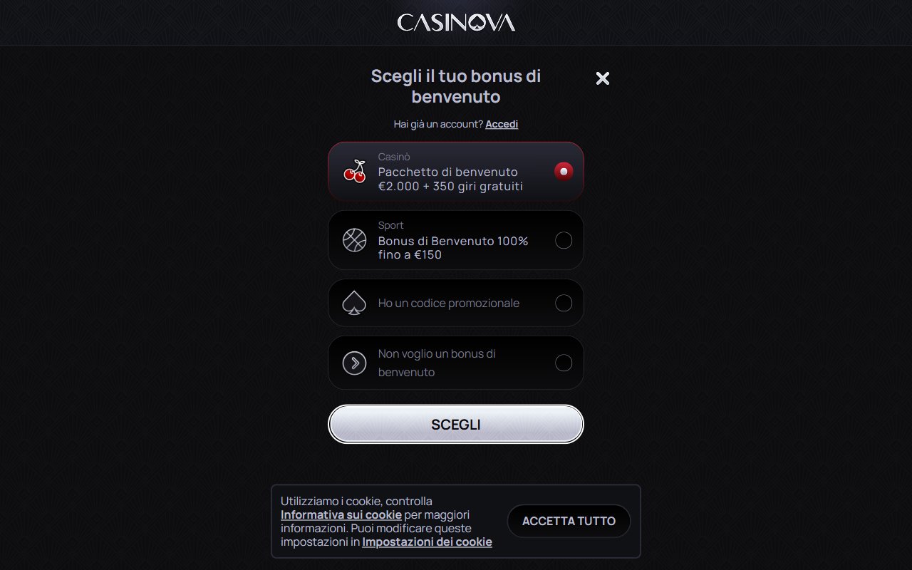 Screenshot del sito Casinova
